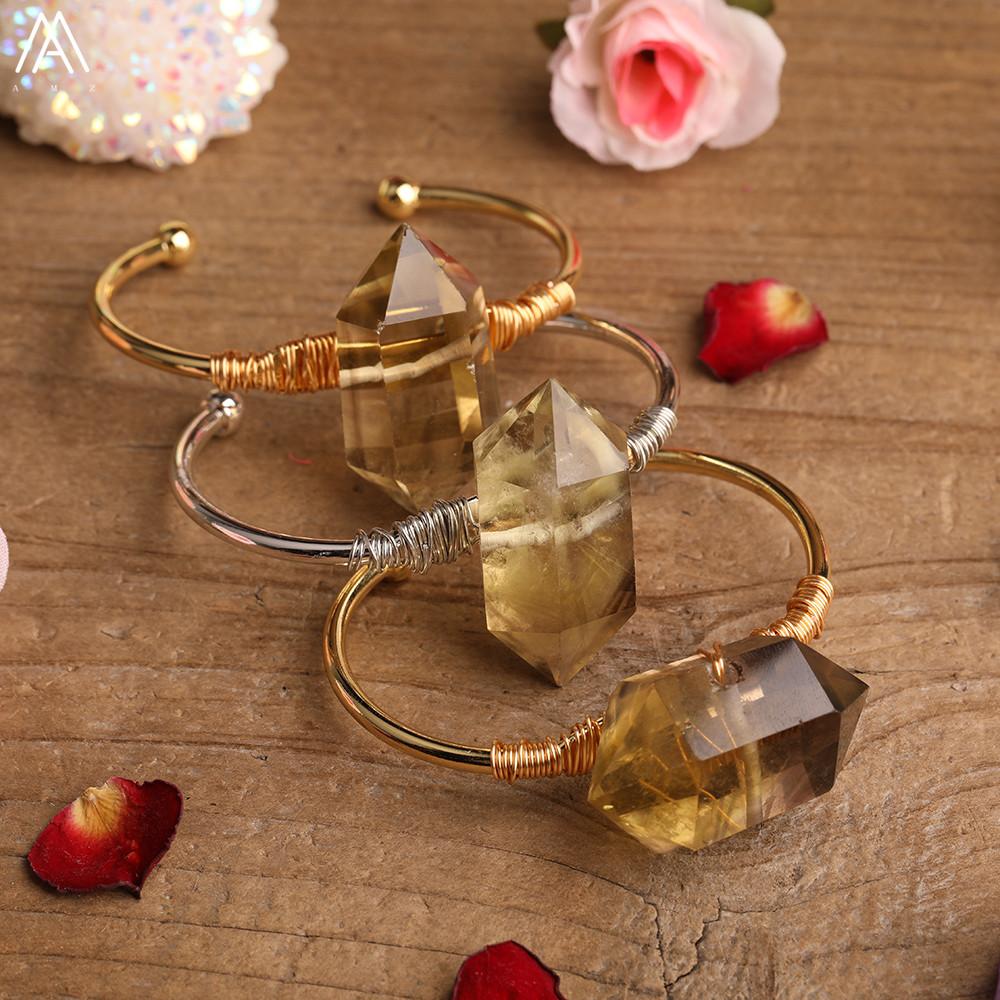 Exquisite Women Citrines Quartz Wristband Bracelet Natural Stones Gold Copper Handmade Bangle Teengirl Cuff Bracelet Jewelry