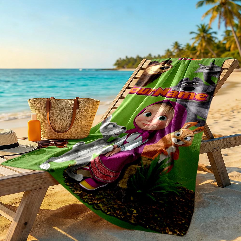 Masha Bear Customize Text Beach Towel Quick-Dry Soft Microfiber Ideal for Travel Outdoor Swim Pool Yoga Surf Camping Hiking Gym Gift Holiday