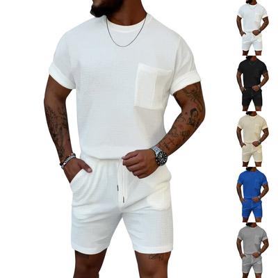Summer Trend Waffle Round Neck Pocket Short Sleeve Shorts Suit Casual Sports Suit Men