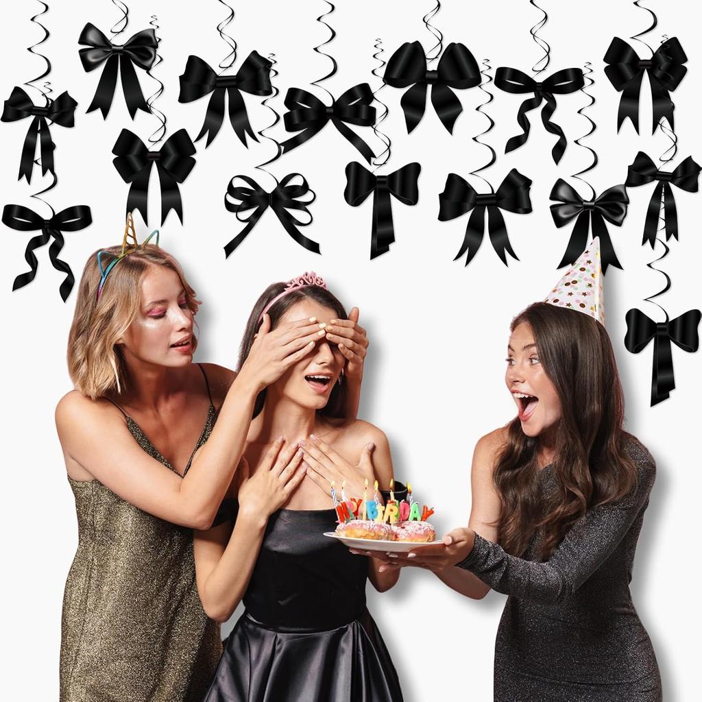 Clabby Black Bow Birthday Decorations Black Coquette Hanging Swirls Garland Banner Bow Party Decorations Ribbon Paper Cutouts for Girls Baby Shower