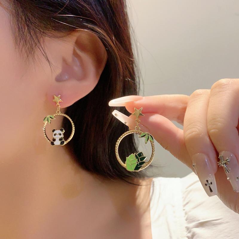 China-Chic Bamboo Panda Pearl Tassel Earrings for Women Girls Cute Asymmetric Plant Potted Cactus Drop Earrings Jewelry Gifts