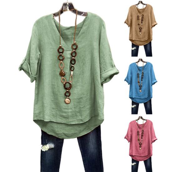Women Shirt V-Neck Short Sleeve Loose Fit Tee Shirt Pure Color Summer Casual Blouse