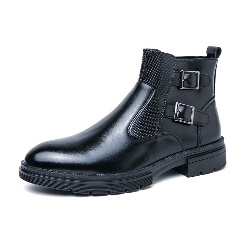 Men's Plus Size 46 Autumn/Winter Martin High-Top Leather Boots, British Style, Double Buckle Slip-On