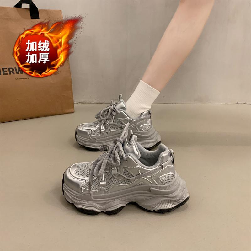 Fleece Explosive Muffin Thick-soled Dad Shoes Women's Small Men Increase In Height 2025 New Mesh Breathable Casual Sports Shoes