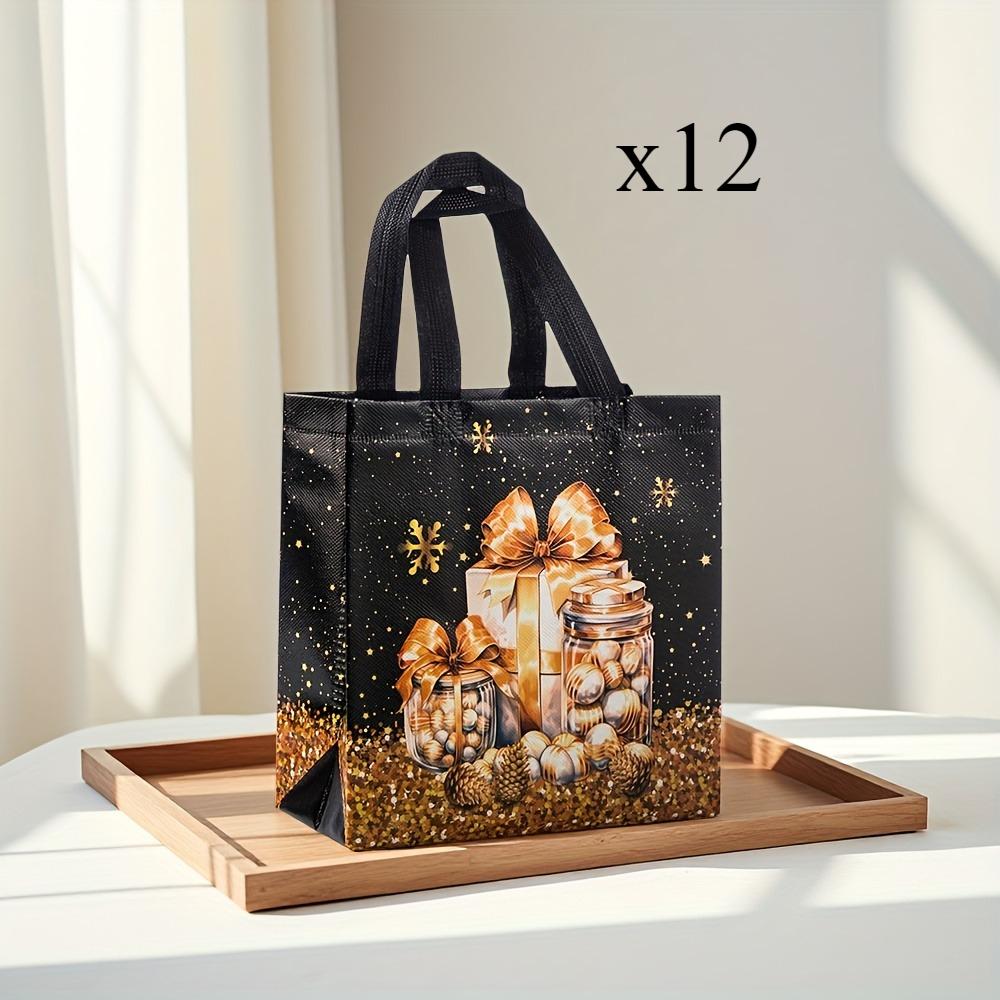 

12/20pcs Festive Christmas Gift Bags - Snowman, Tree & Stocking Design, Black & Golden with Handles, Christmas Gift Bags 23x21.5x11cm