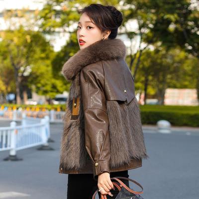 Womens Short Faux Fur Collar Coat With PU Leather Trim Warm Thickened Winter Outerwear Loose Fit Casual Jacket