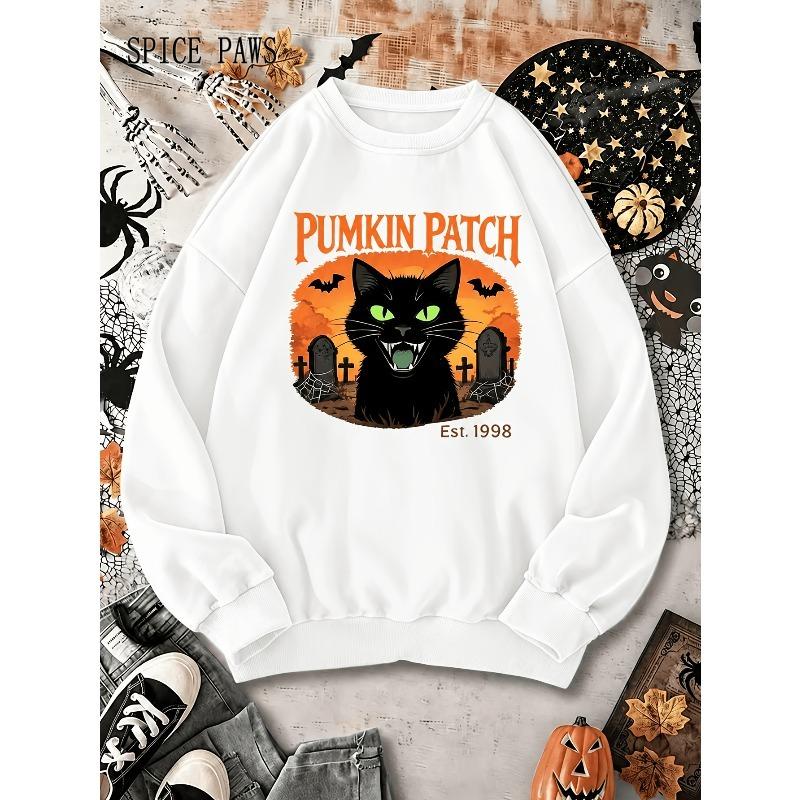 Men's Halloween Spooky Graphic Crewneck Sweatshirt, Black Cat Pumpkin Patch Oversized Streetwear Heavyweight Fall Casual Halloween Wear
