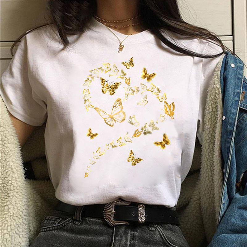 Short Sleeve Summer Fashion Women's Clothing Beautiful Watercolor Butterfly Printing White Ladies Casual Loose Personality TT-shirt