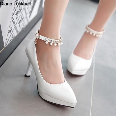 Mode Damen Spitzpumps Damen Perlen Knöchelriemen High Heel Schuhe Plateau Sohle Pumps Frau Weiß Kleid Hochzeitsschuhe Größe 33-43