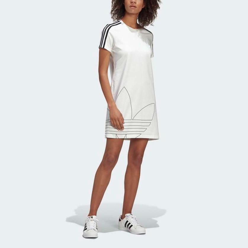 Adidas Originals Trefoil Marke Großes Logo Sportlich Lässig Atmungsaktiv Rundhalsausschnitt Kurzarm Kleid Damen Kleid Weiß GK3772