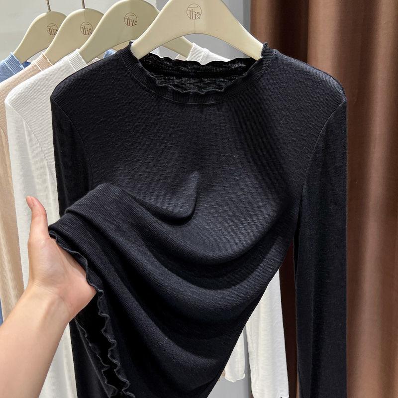 Dámské s dlouhým rukávem podzimní bavlněné pohodlné strečové jednobarevné s kulatým výstřihem volné topy