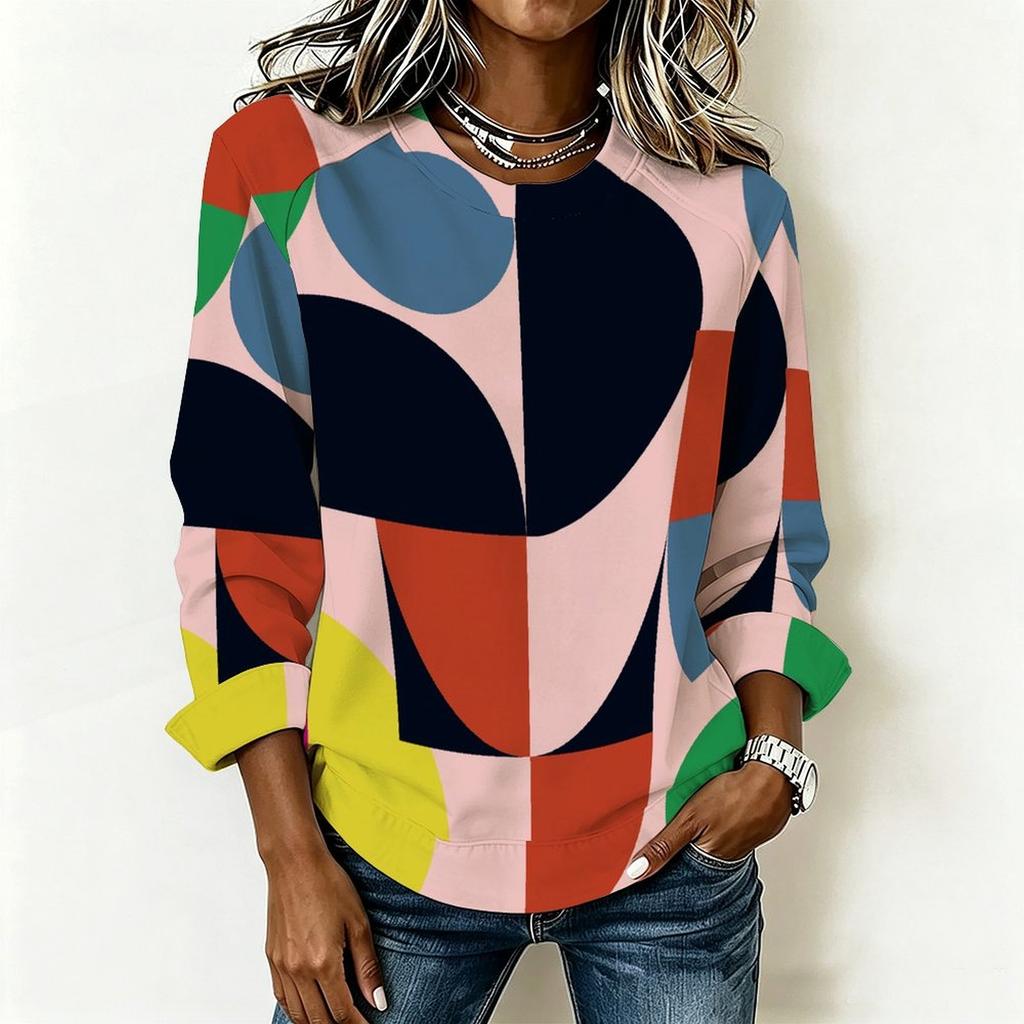 Women Oversized Long Sleeve T Shirt Abstract Wave Printed Casual Loose Daily Wear Blouse