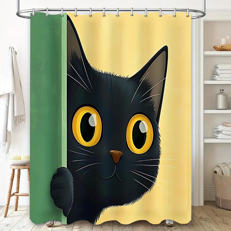 Peeking Black Cat With Big Yellow Eyes Shower Curtain For Bathroom Decoration - Cute Andfunny Design With Complimentary Hook
