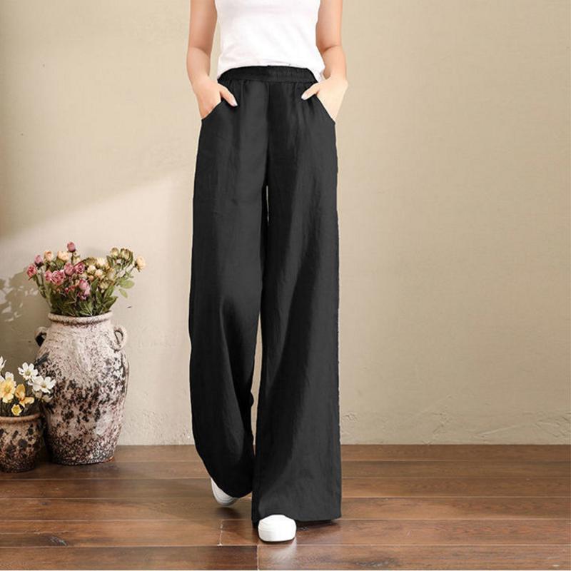 Pantaloni largi din bumbac și cânepă pentru femei, cu talie mare elastică, care atârnă cu senzație de vară, pantaloni subțiri, pantaloni casual largi din bumbac și cânepă