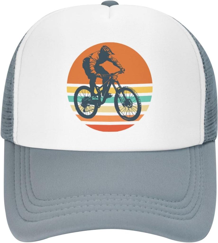 Mountain Biking Sunset Graphic Trucker Hat Polyester Outdoor Adjustable Snapback Cap for Men Women