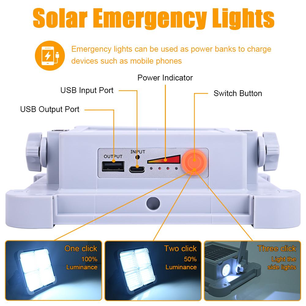 USB Type-C Rechargeable 336/288/264LEDs Solar Floodlight Outdoor Portable LED Multifunctional Spotlight IP66 Waterproof Emergency Light Solar