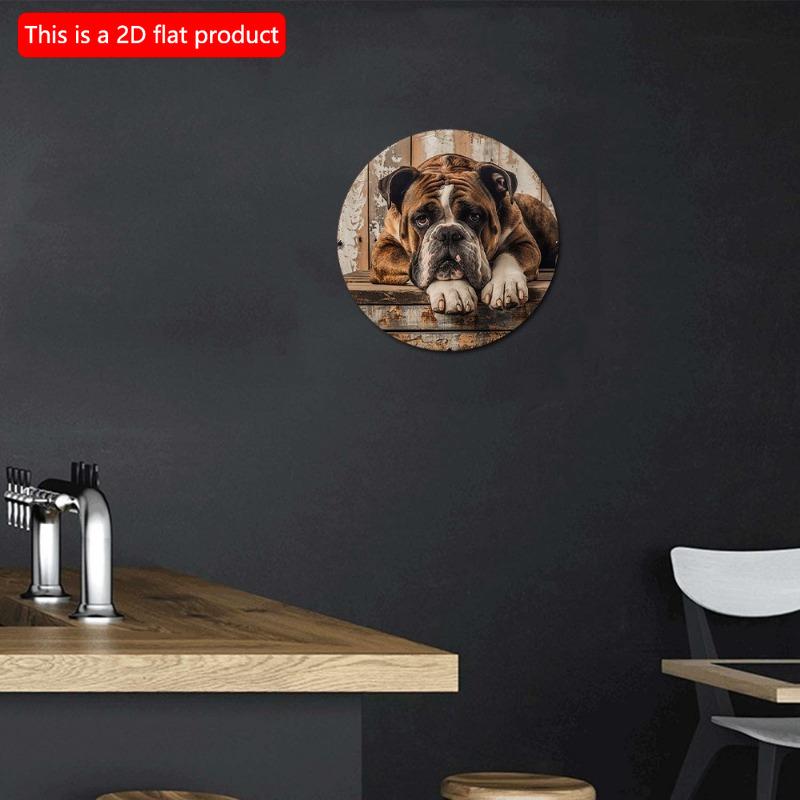 2d Flat 20*20cm Wooden Sign, Circular Wreath Sign Dormitory Decoration Gifts, Bulldog Themed Decoration, for Home, Kitchen, Garden, Bedroom, Bar Decor