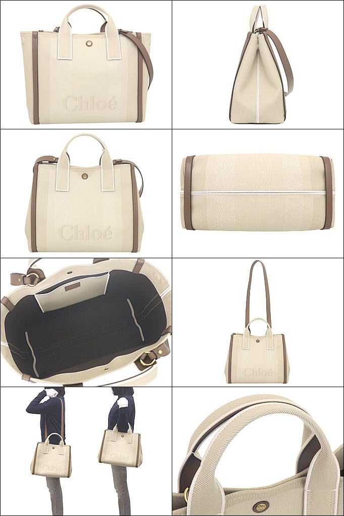 Chloe Tote Bag CHC25SS910 O65 Vegetal Beige CARRY Stripe Cotton Canvas Jacquard Tote for Women [Brand Name] [Used]
