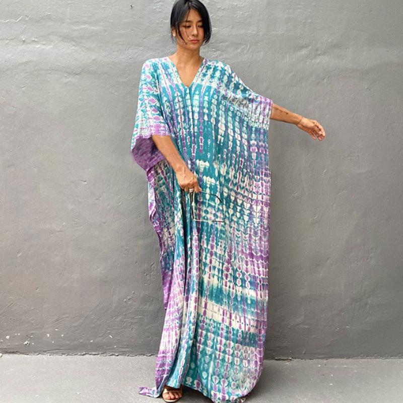European & American Tie-dye Rayon Beach Dress: Loose, Long Seaside Vacation Robe & Bikini Cover-up with Sunscreen Shirt for Women