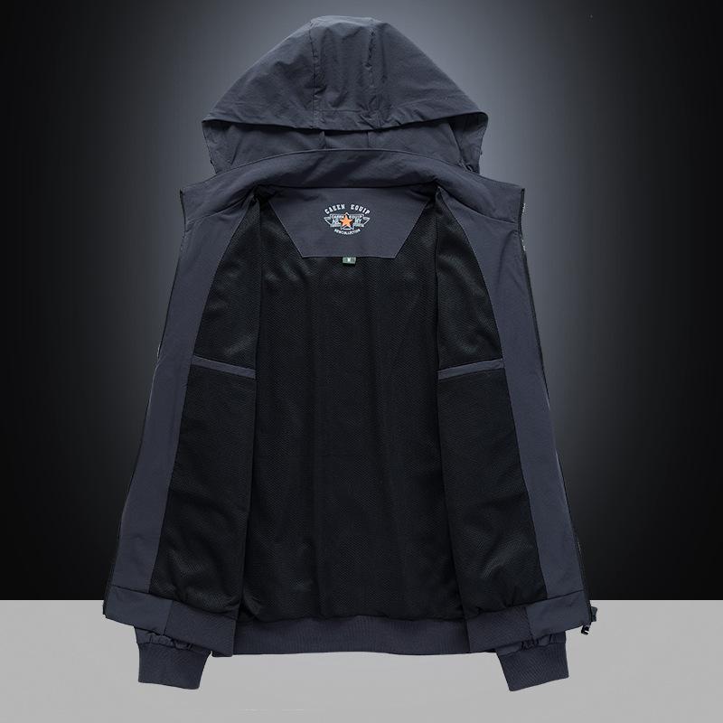 Spring and Autumn New Men's Outdoor Solid Color Elastic Jacket, Middle-aged Large Size Casual Hooded Jacket