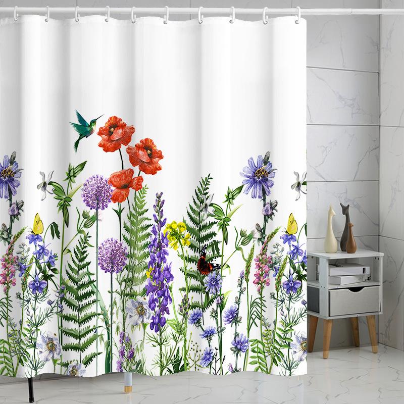 European Flowers, Birds, Plants Bath Curtains Waterproof Shower Curtain 3D Printing Bathroom Decoration with Hook Bath Screen