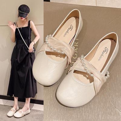 2024 Spring Women's Fashion Loafers: Beaded Low Heel Mary Jane Leather Shoes