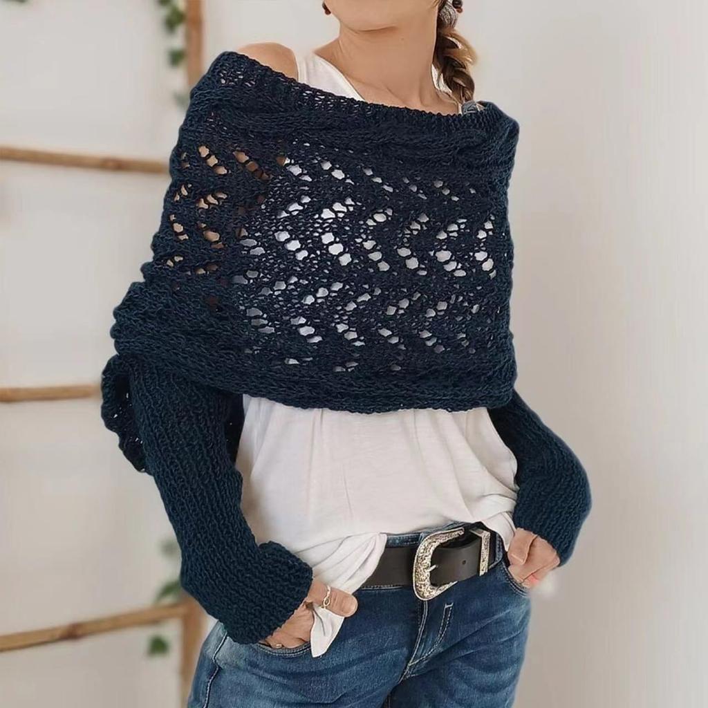 Autumn Winter Women'S Knitted Shawl Scarf With Long Sleeve Outdoor Warm Soft Windproof Hollow Out Crop Top Shrugs Shawl Scarf