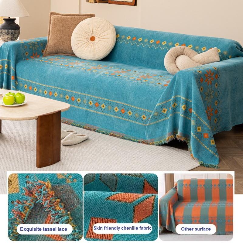 Popular Jacquard Chenille Sofa Towel With Tassels Decor For Living Room, Picnic,Camping, Large Blanket Leisure Relax Beach