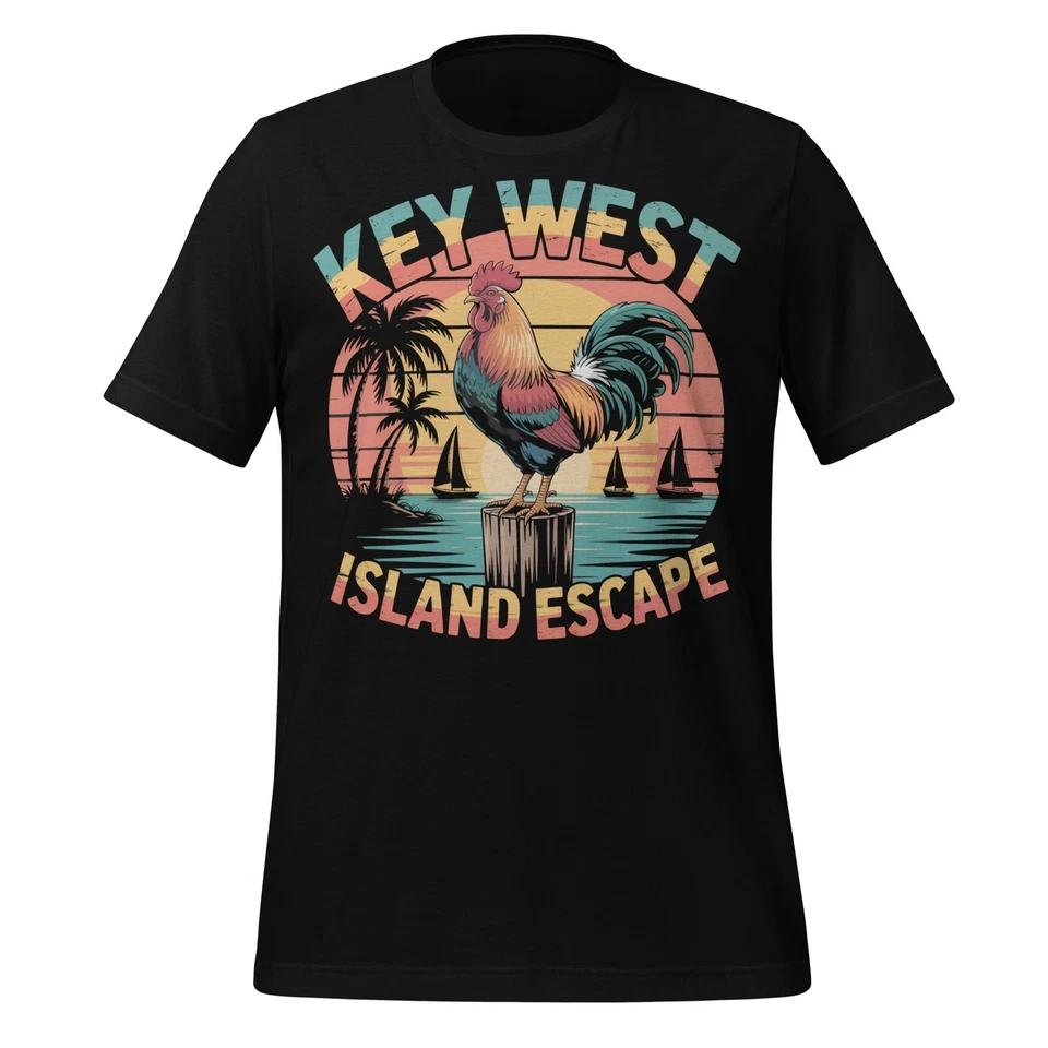 

Key West Rooster Shirt Island Escape Retro Beach Sunset Unisex Vacation Tee S