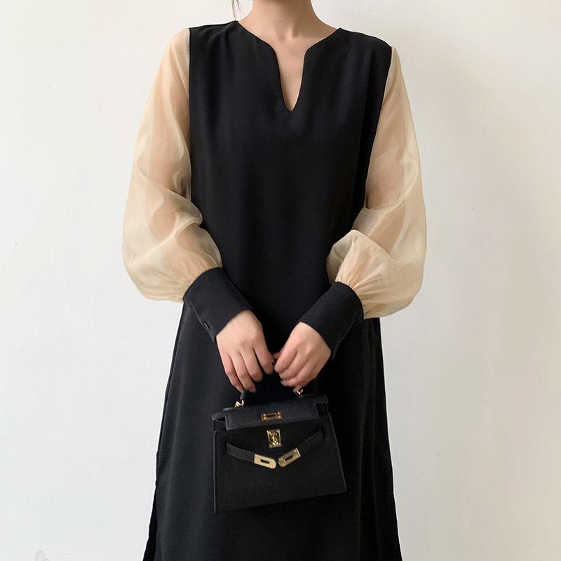 

South Korea Spring & Fall Work Clothing Business Ol Fashion V Neck Black Panel Chiffon Sleeves Split Mid Length Long Length Dress Dress Apricot Patchwork XL