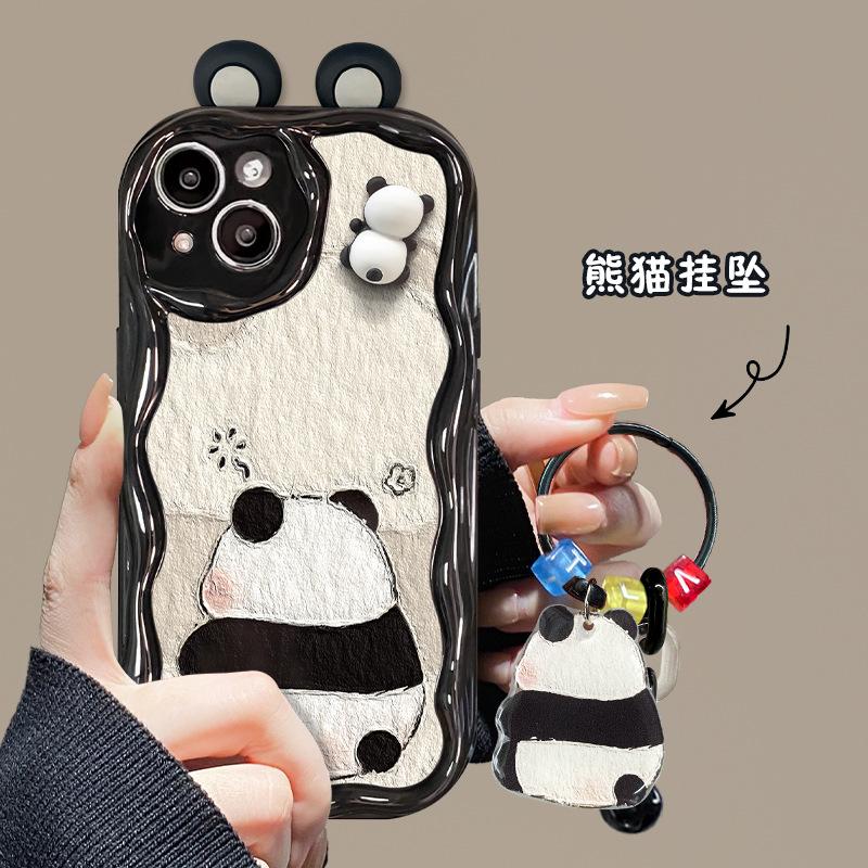 Applicable to Apple 17promax mobile phone case iPhone15 cute cartoon panda doll bracket pendant 16 silicone