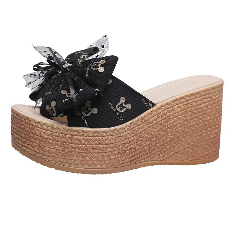 Fashion Slippers Women 2025 New Sweet Bow Ladies Open Toes Summer Sexy High Heel Slippers Woman Slides Platform Wedges Shoes for Women