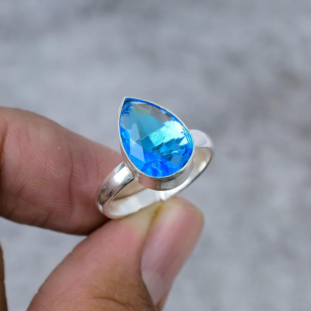 Blue Topaz Gemstone Handmade 925 Sterling Silver Jewelry Ring Size 7 M-269