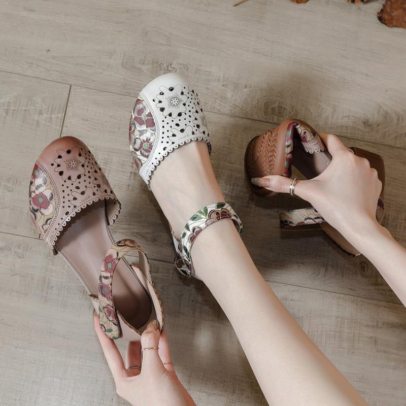 New Women Leather Shoe Sandals High Heel Summer Soft Sole Beach Hollow Flowers Shoes Female Luxury Sandals Women Heeled Sandals