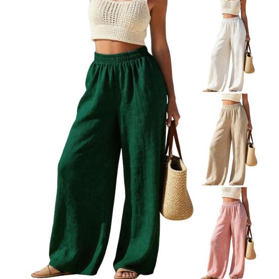 Women Pants Elastic High Waist Wide Leg Loose Fit Trousers Pure Color Summer Spring Casual Beach Vacation Long Pants