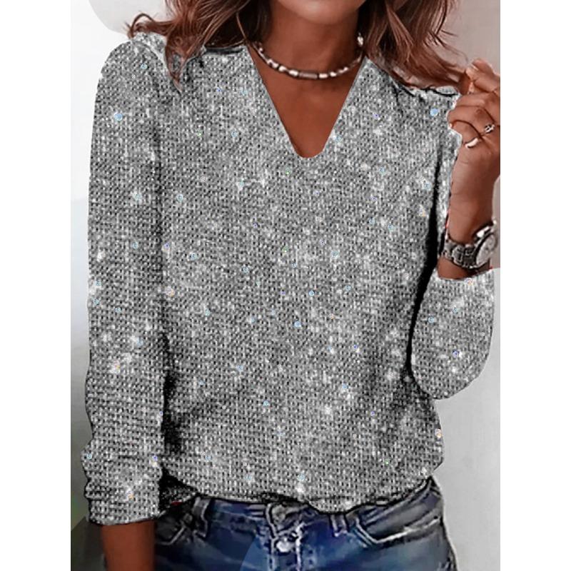 

BITCED Women s Fashion Casual Solid Color Print Long Sleeve V Neck Blouses & Shirts International design S серебряный серый