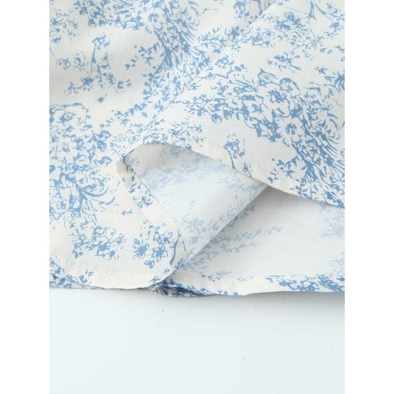 Kaslead New Arrival Women's Clothing Fashion Style Fashion French Drawstring Waist Slit Blue and White Porcelain Printed Dress