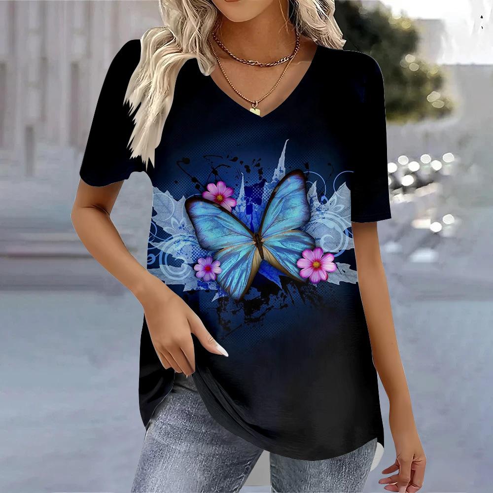 Women's Summer New Casual High Quality 3D Women's Short Sleeved V-neck T-shirt