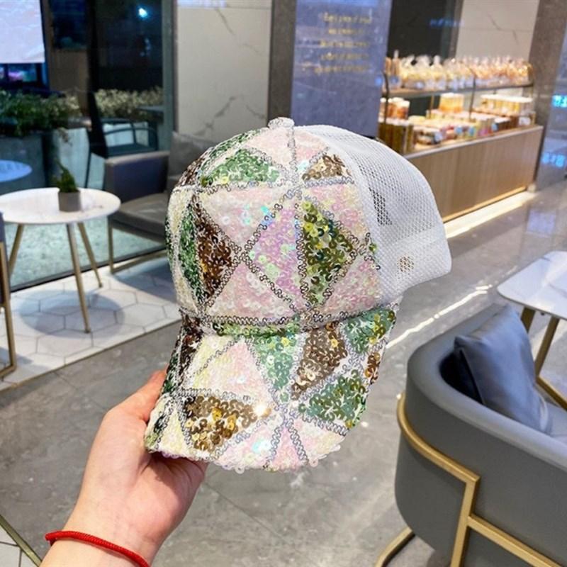 Hat Women's Color Sequins Cap Summer Breathable Mesh Baseball Cap Blue Shade Sunscreen Cap