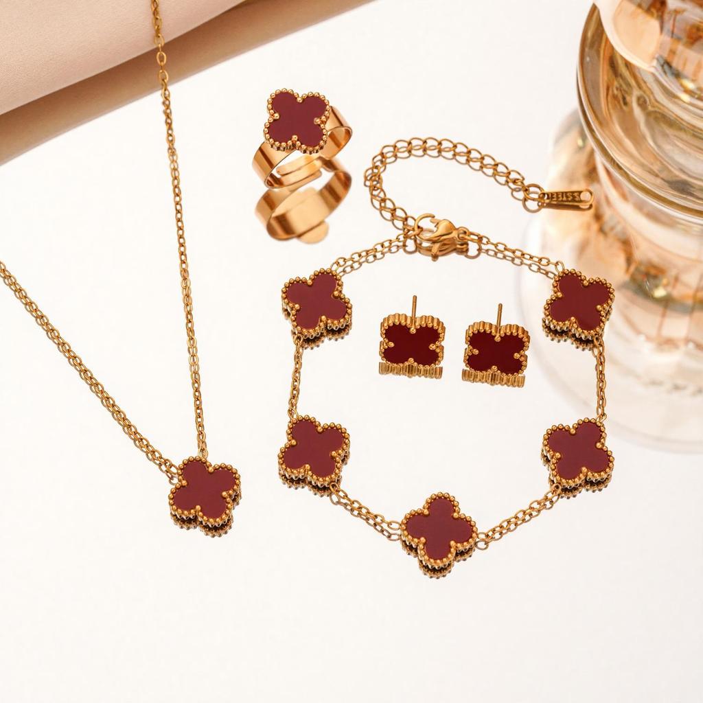 4PCS Titanium Steel Non Fading Clover Set Necklace Bracelet Ring Earrings Women's Fashion Clover Four Piece Set