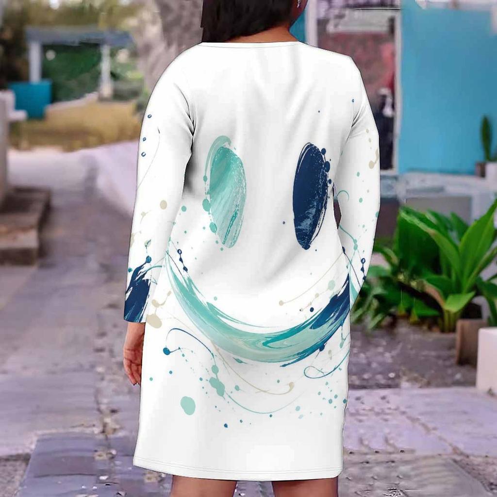 Women Plus Size V Neck Long Sleeve Printed White Fitted Dress