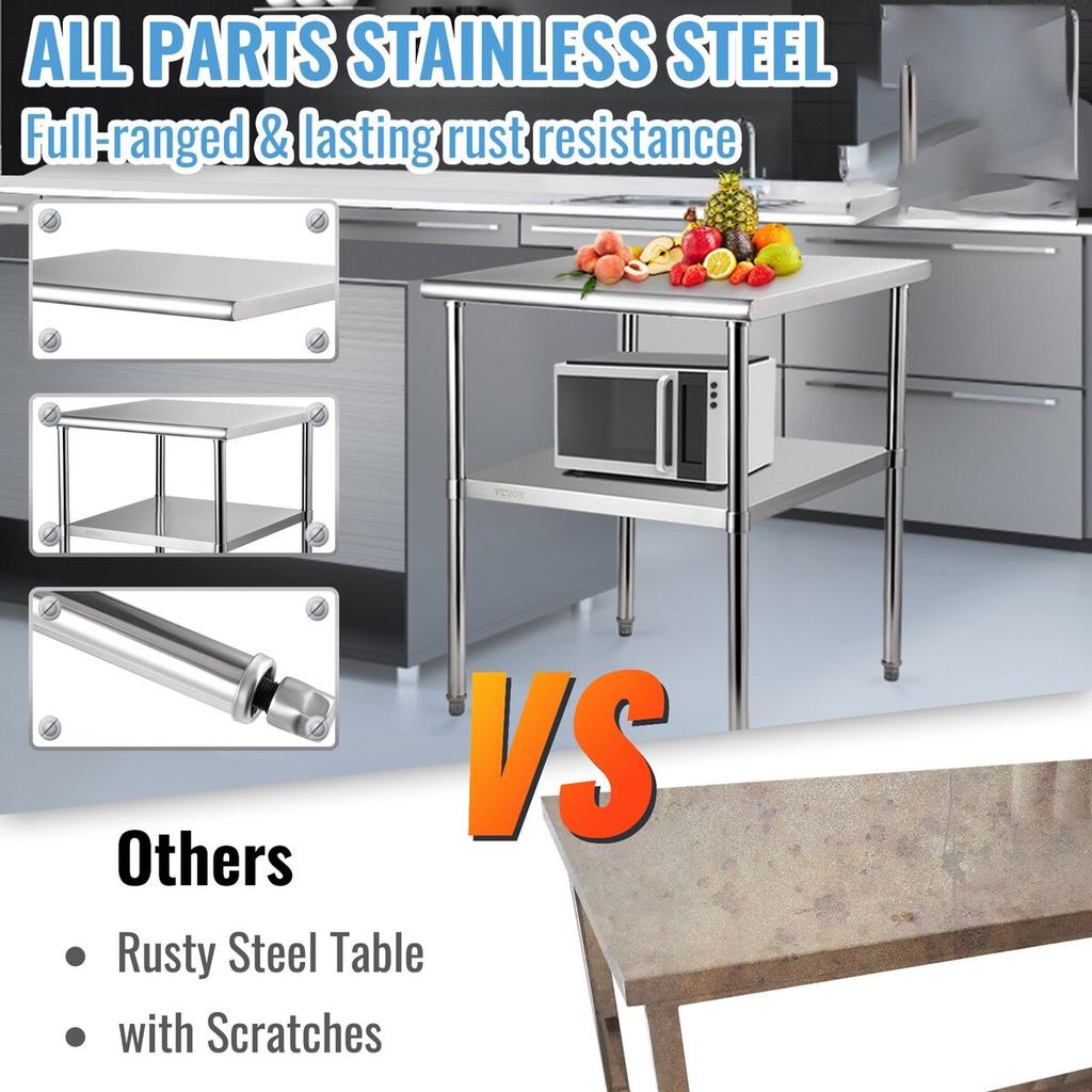 Stainless Steel Prep Table, 30 x 30 x 36 Inch, 800lbs Load Capacity Heavy Duty Metal Worktable with Adjustable Undershelf & Feet, Commercial