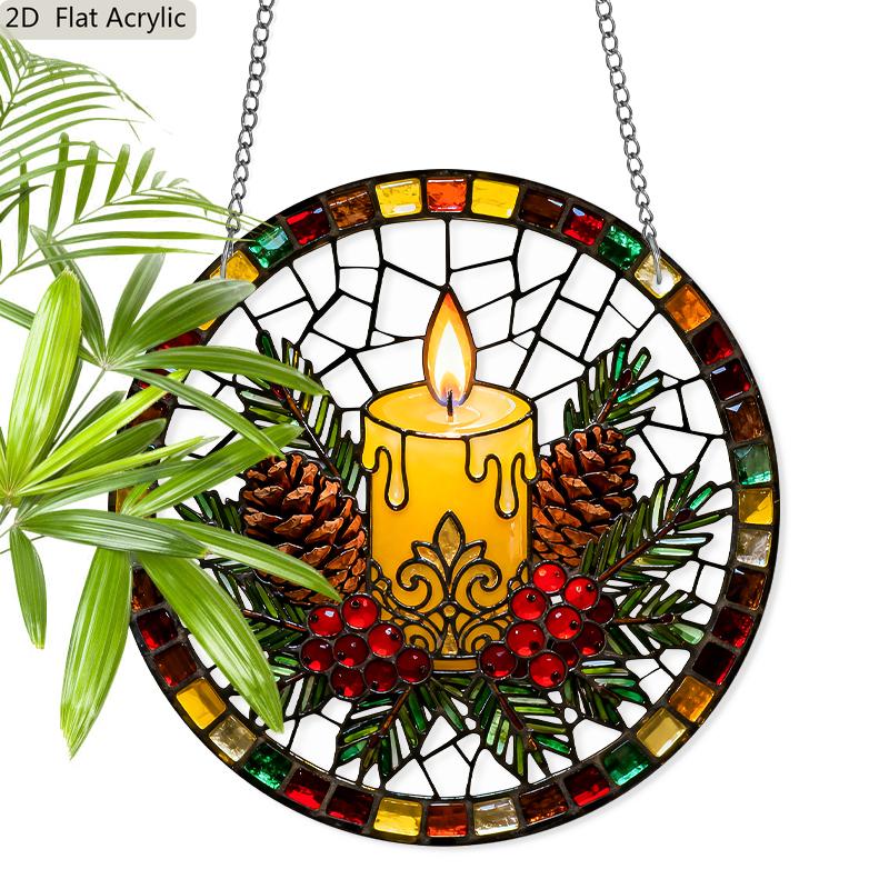 

Acrylic Christmas Candle & Pinecone Suncatcher Stained Glass Effect Window Hanging Ornament Holiday Themed Gift for Home 20cm/7.87inch