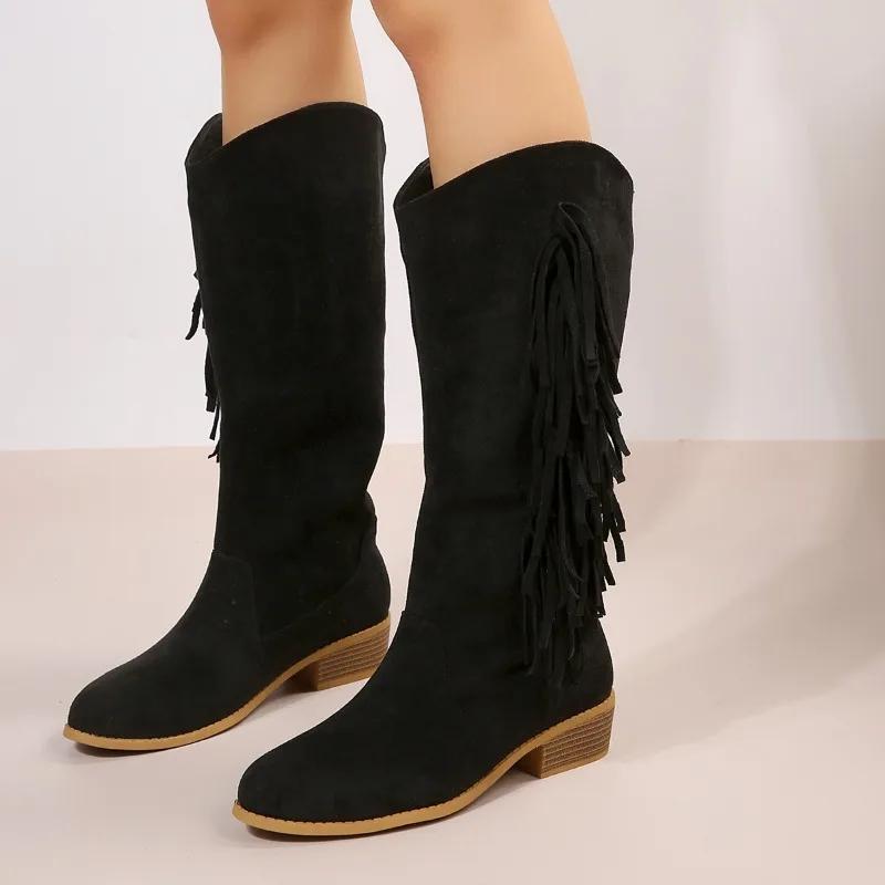 

fashion 2024 Hot Selling Women s Shoes Plus Size Mid Calf Women s Boots Side Zipper Modern Boots Women s Tassel Pointed Toe Low Heels 43
