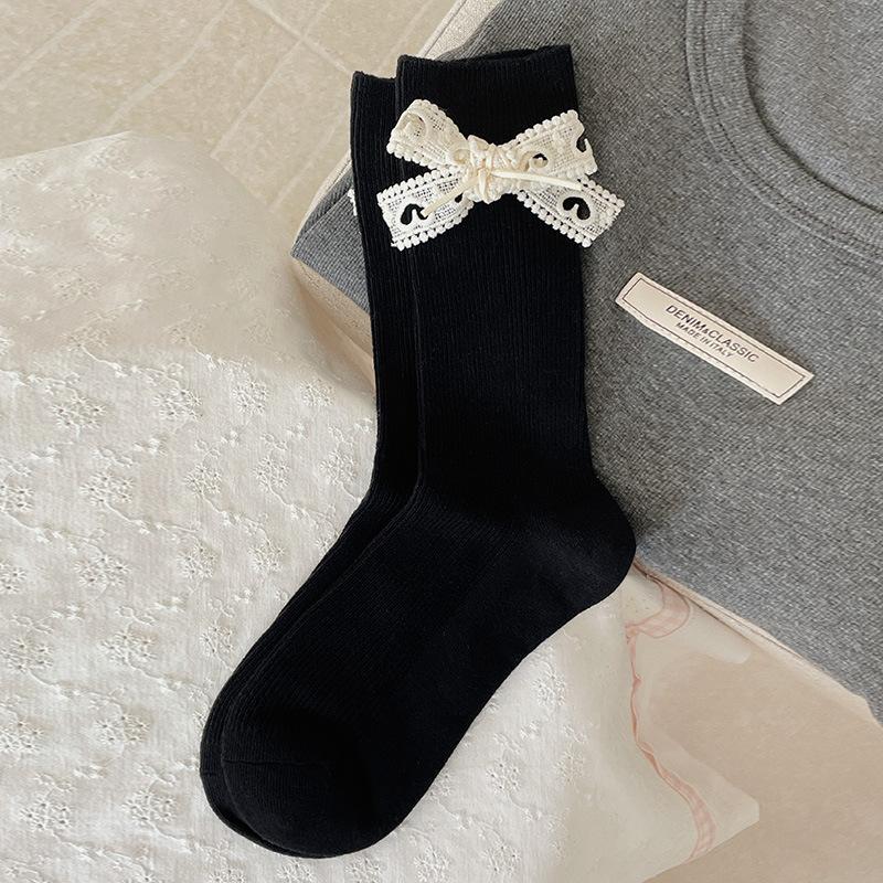 Female Spring and Autumn Pure Color with Sweet Lace Bow Heavy Work Love Hollow In The Tube Stack Socks