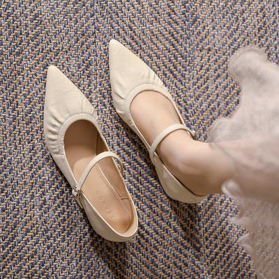 Tacones Altos de Punta Zapatos de Suela Blanda Francesa Versátiles Ligeros Zapatos de Mujer Zapatos Mary Jane de Boca Baja con Tira
