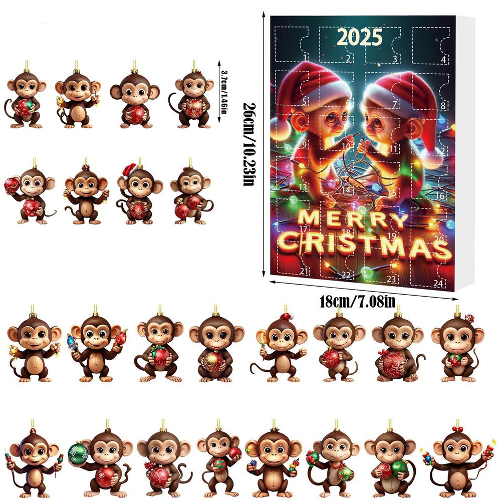 Christmas Countdown Calendar with Acrylic Monkey Pendants 2D Car Ornament 24-Day Advent Calendar for Holiday Home Office Decor