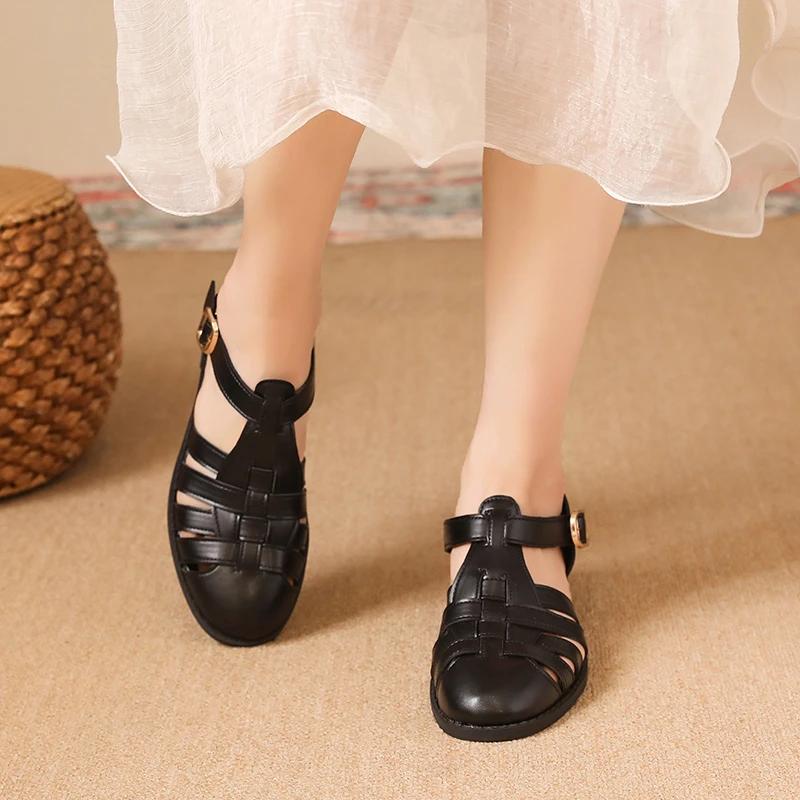 Fashion Women's Flat Sandals Round Toe Buckle Strap Narrow Band Shoes for Women Dress Roman Retro Solid Breathable Zapatillas De Mujer