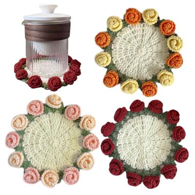 Handmade Crochet Flower Coasters Vintage Rose Flower Bouquet Coaster Unique Coffee Table Decor Accessories