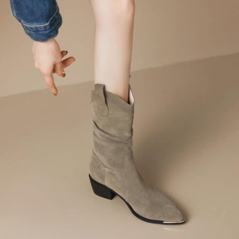 Fashion Western Style Women's Boots Metal Head Retro Chunky Heel Mid-Calf Short Boot Sharp Pointed Toe Folded Design New Hot Sale Of The